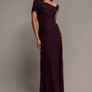 Goddiva Asymmetric Neck Gathered Waist Maxi Dress - Burgundy