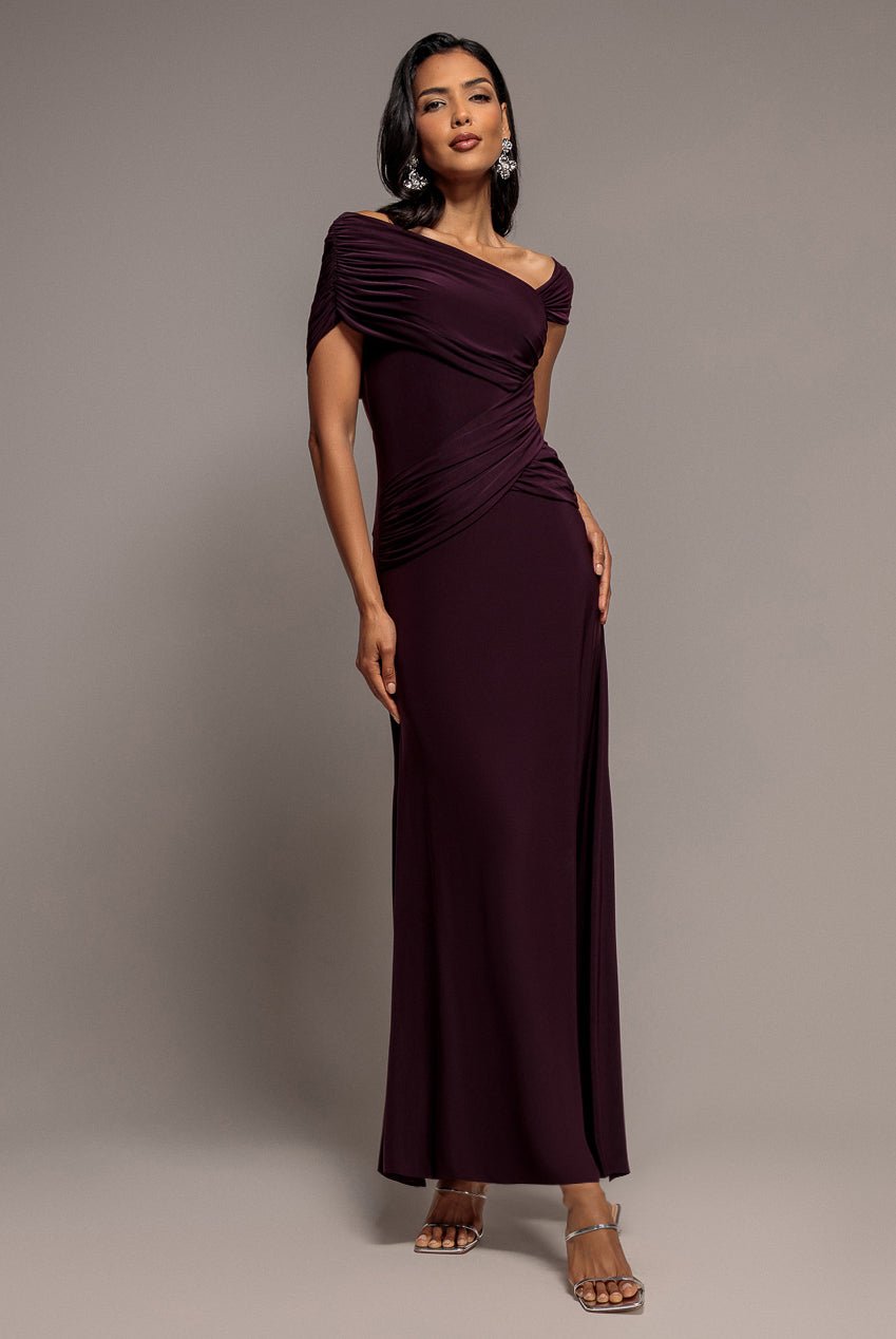 Goddiva Asymmetric Neck Gathered Waist Maxi Dress – Burgundy