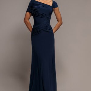 Goddiva Asymmetric Neck Gathered Waist Maxi Dress - Navy Blue