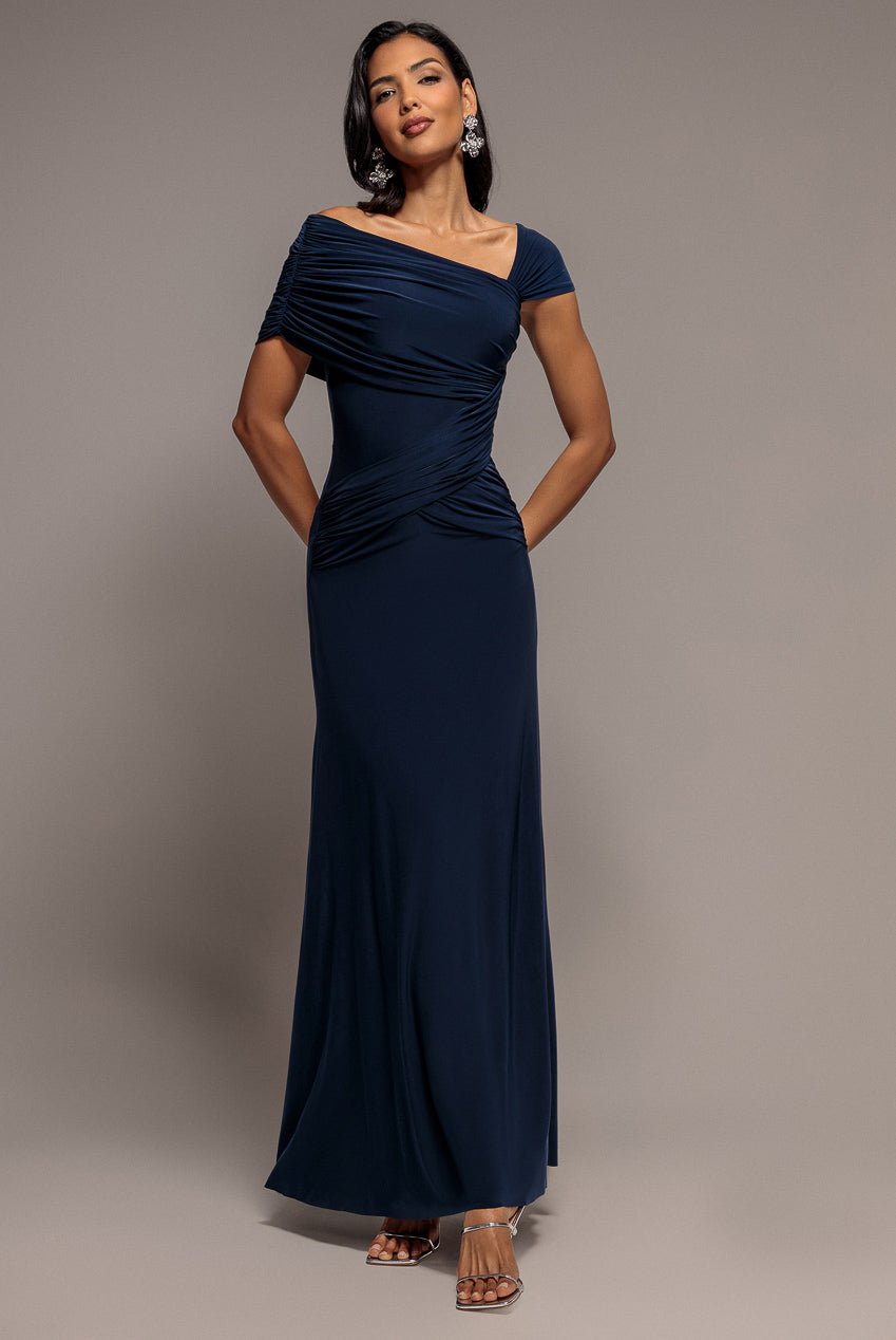 Goddiva Asymmetric Neck Gathered Waist Maxi Dress – Navy Blue