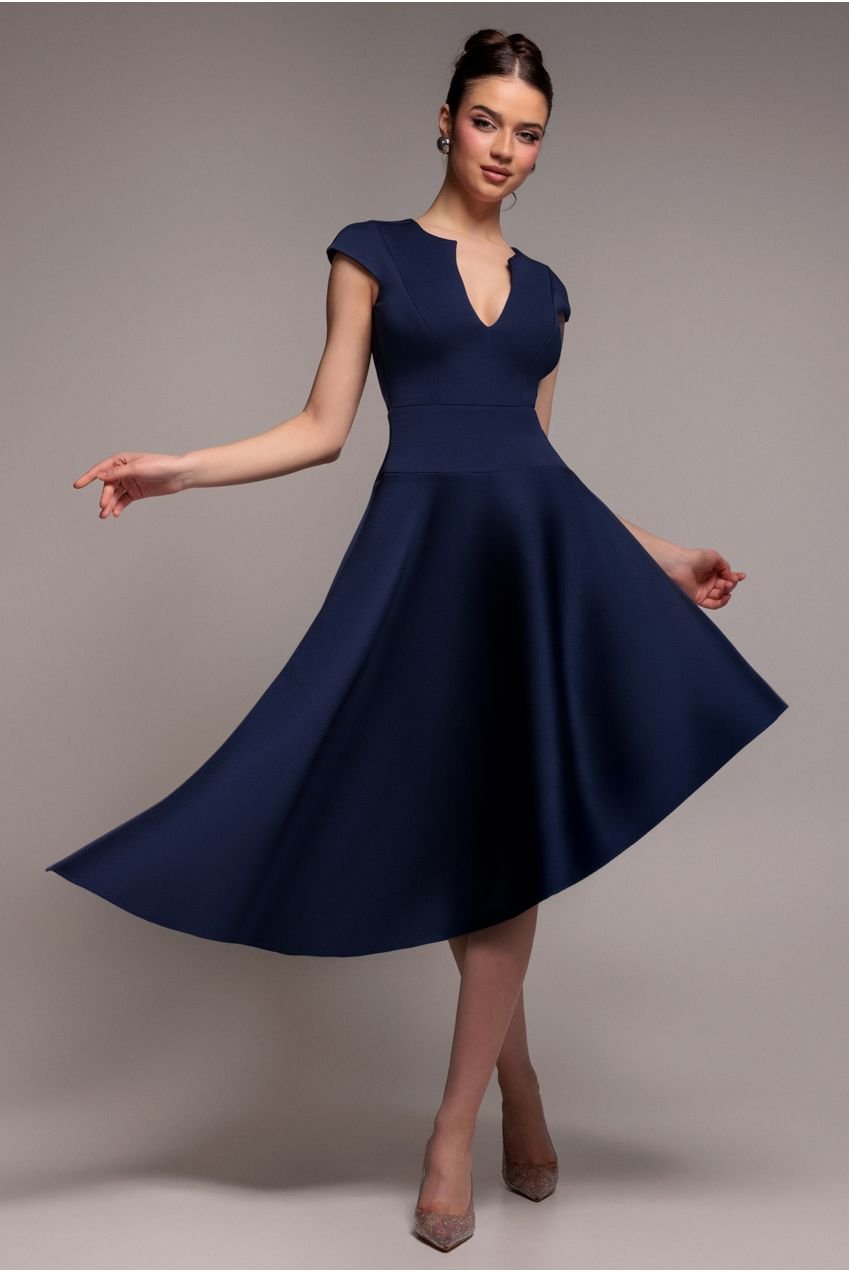 Goddiva Cap Sleeve Skater High Low Midi Dress – Navy Blue