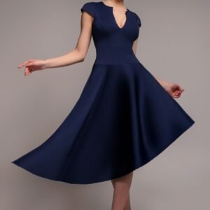 Goddiva Cap Sleeve Skater High Low Midi Dress - Navy Blue