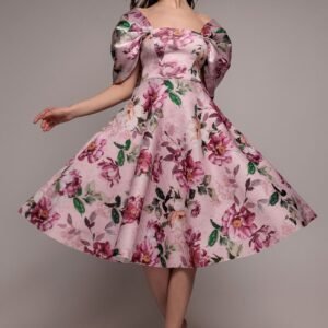 Goddiva Off Shoulder Floral Bow Back A Line Midi Dress - Blush Pink