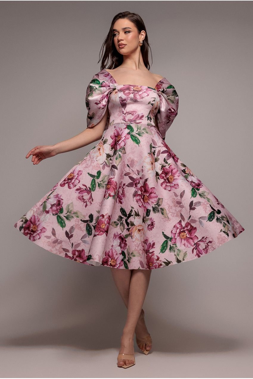Goddiva Off Shoulder Floral Bow Back A Line Midi Dress – Blush Pink