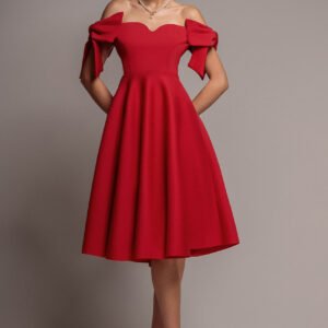 Goddiva Bardot Plunge Neck Bow Sleeve A Line Midi Dress - Red