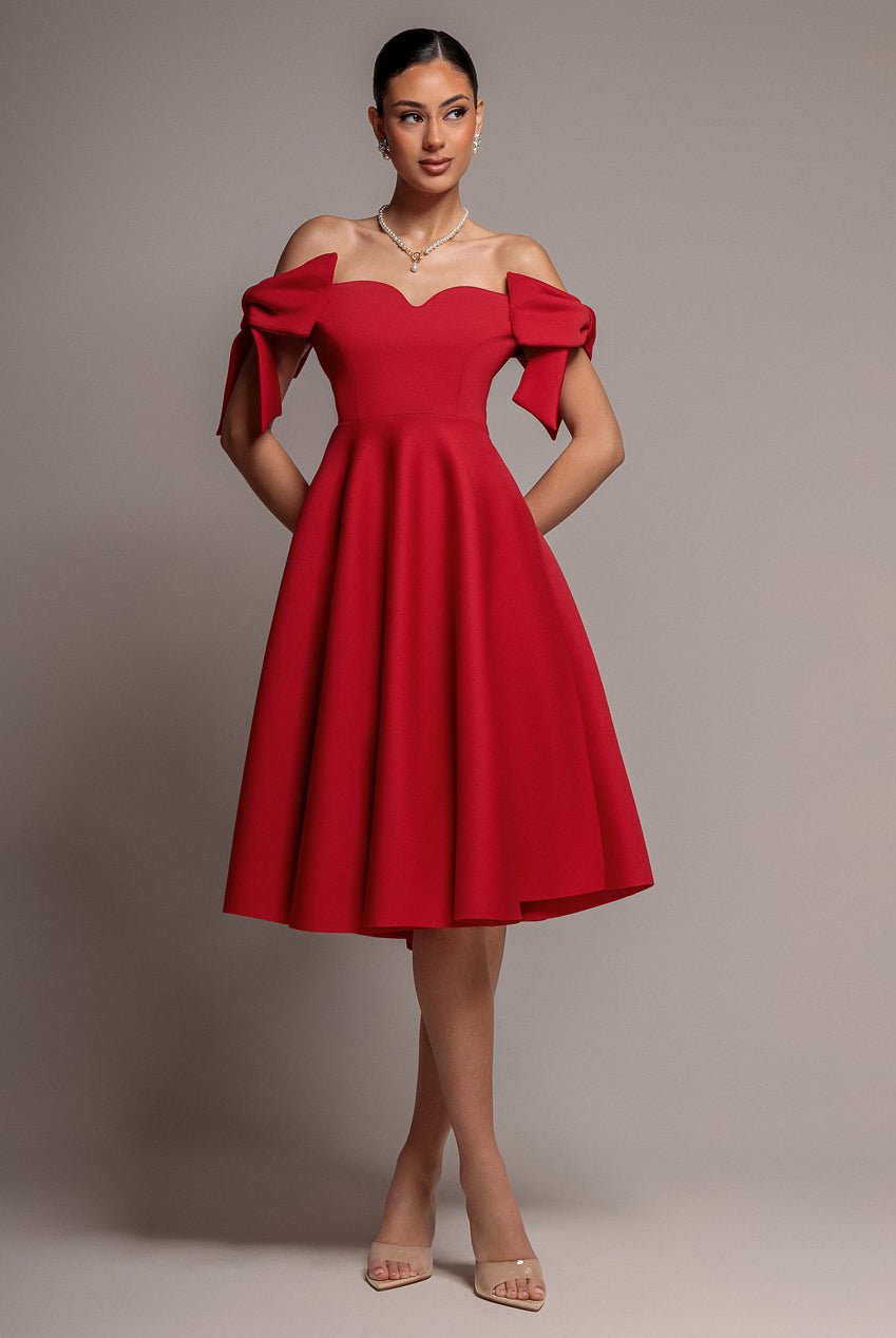 Goddiva Bardot Plunge Neck Bow Sleeve A Line Midi Dress – Red