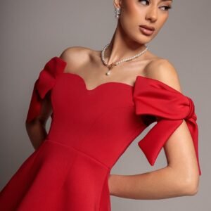 Goddiva Bardot Plunge Neck Bow Sleeve Skater Mini Dress - Red