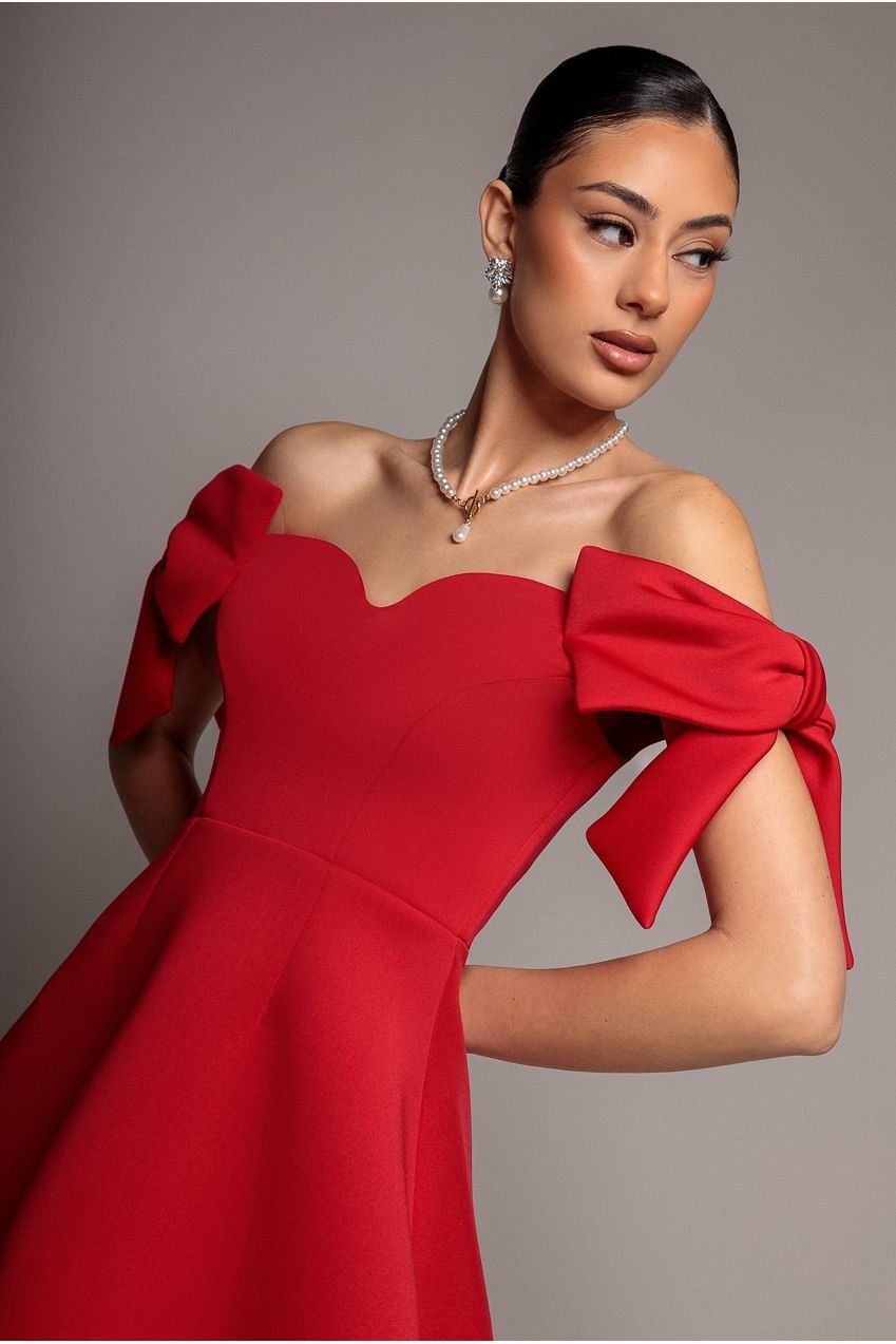 Goddiva Bardot Plunge Neck Bow Sleeve Skater Mini Dress – Red