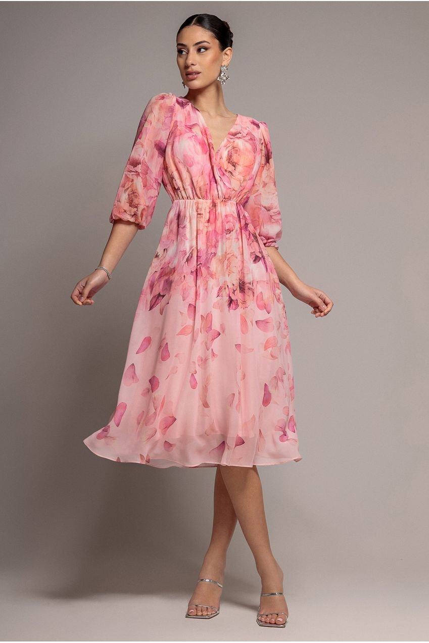 Goddiva Floral Print Wrap A Line Midi Dress – Blush Pink