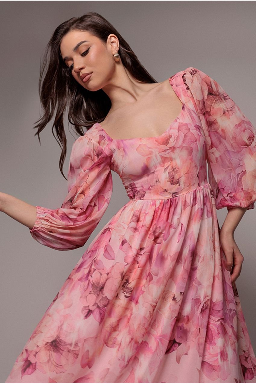 Goddiva Floral Print Shirred Back A Line Maxi Dress – Blush Pink