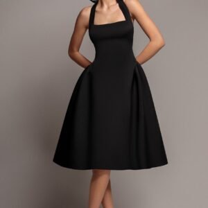 Goddiva Corset Fit And Flare Halter Neck Midi Dress - Black