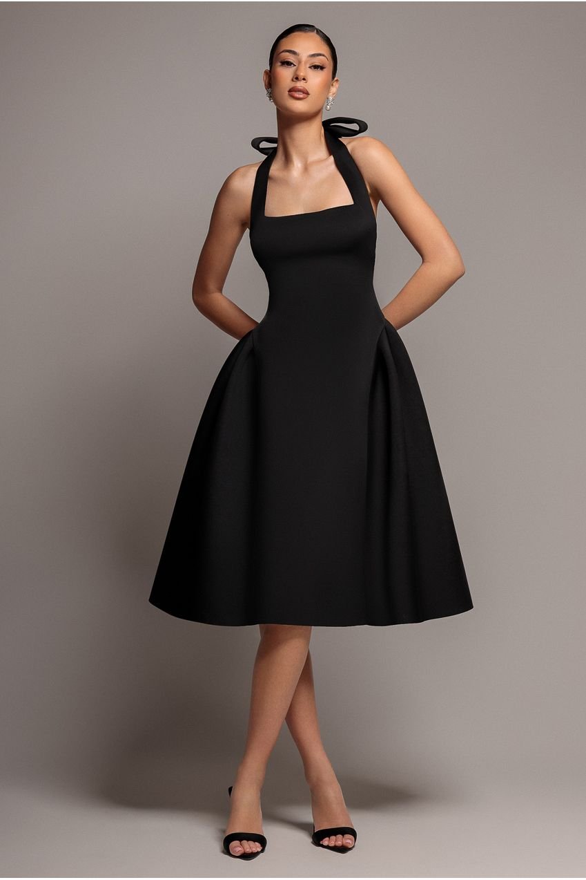 Goddiva Corset Fit And Flare Halter Neck Midi Dress – Black