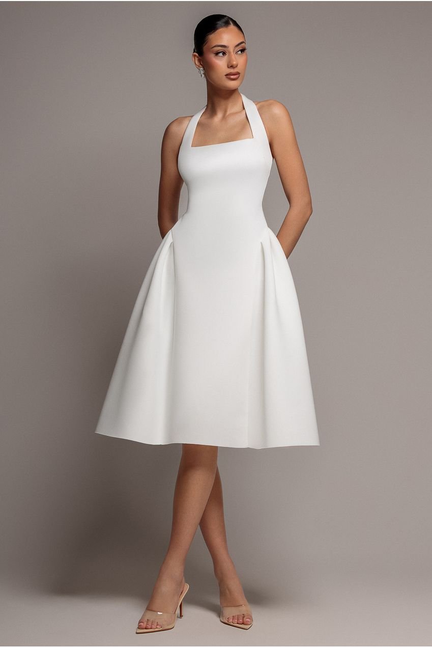 Goddiva Corset Fit And Flare Halter Neck Midi Dress – White