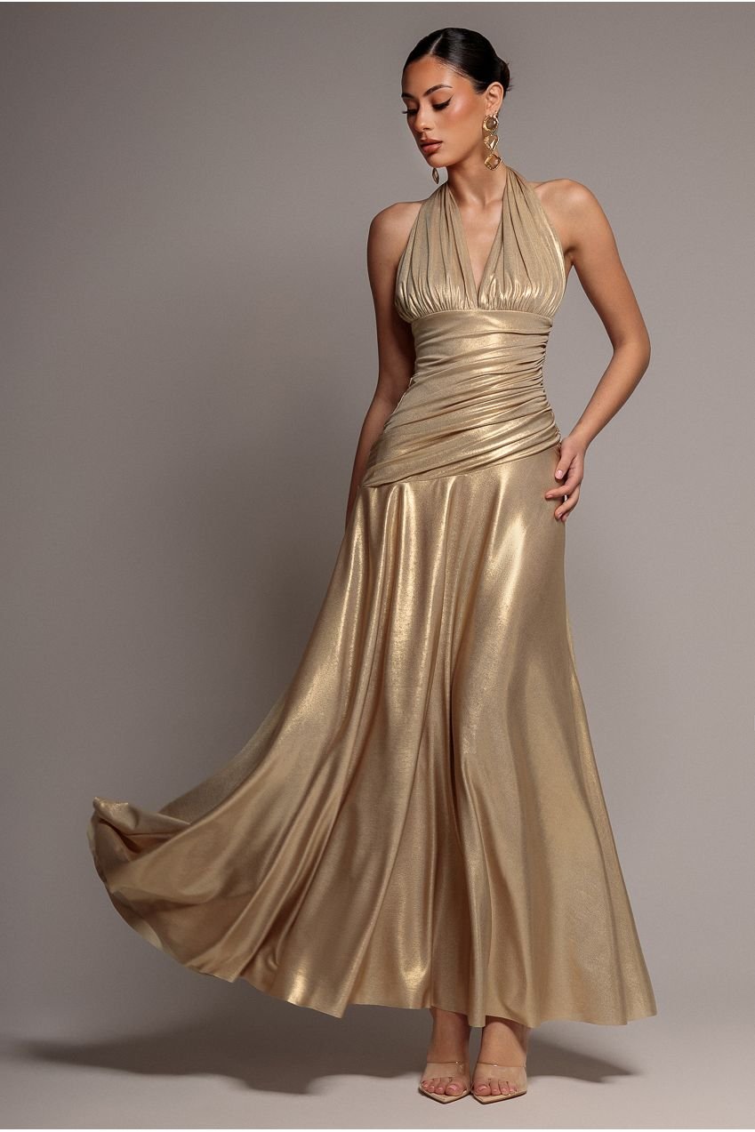 Goddiva Halterneck Empire Waist Gathered Sunrise Foil  Maxi Dress – Gold