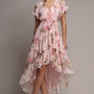 Goddiva Flutter Sleeve Chiffon Midaxi Wrap Dress - Blush Pink