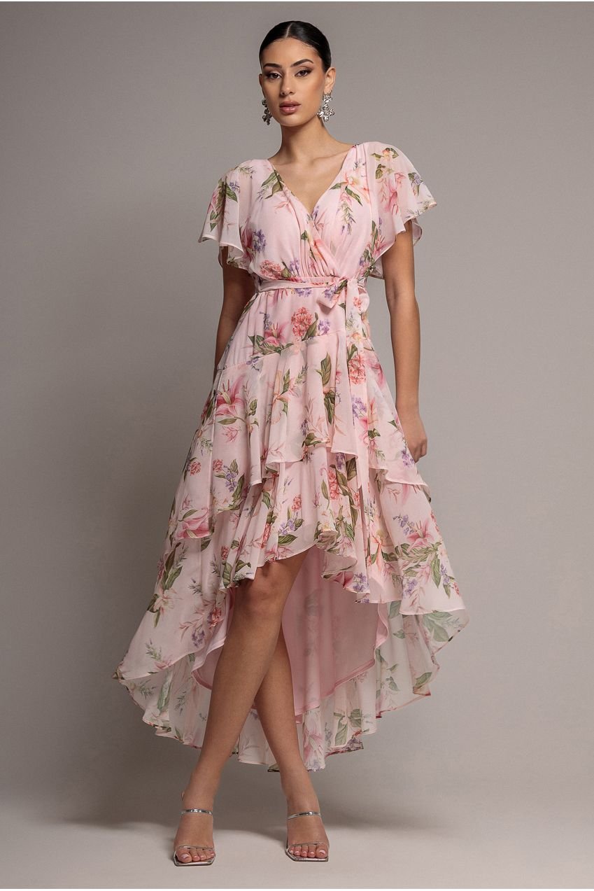 Goddiva Flutter Sleeve Chiffon Midaxi Wrap Dress – Blush Pink