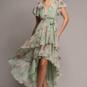 Goddiva Flutter Sleeve Chiffon Midaxi Wrap Dress - Sage Green
