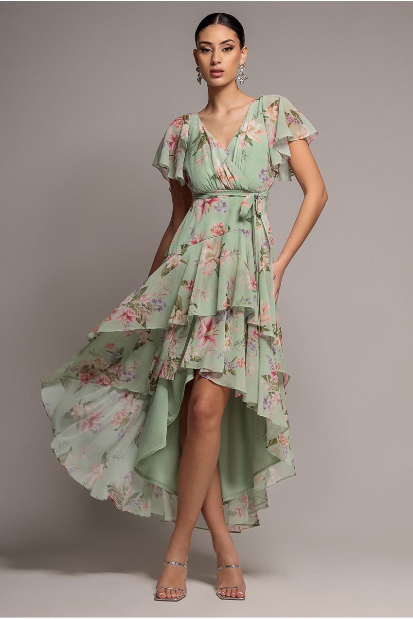 Goddiva Flutter Sleeve Chiffon Midaxi Wrap Dress – Sage Green