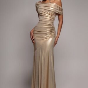 Goddiva Foil Pleated One Shoulder Bardot Fit And Flare Maxi Dress - Gold