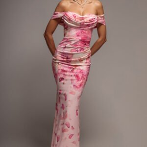 Goddiva Printed Cowl Neck Pleated Waist Maxi Dress - Blush Pink