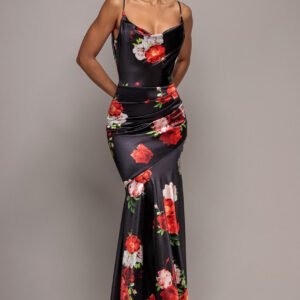 Goddiva Floral Print Satin Cowl Neck Maxi Dress - Black