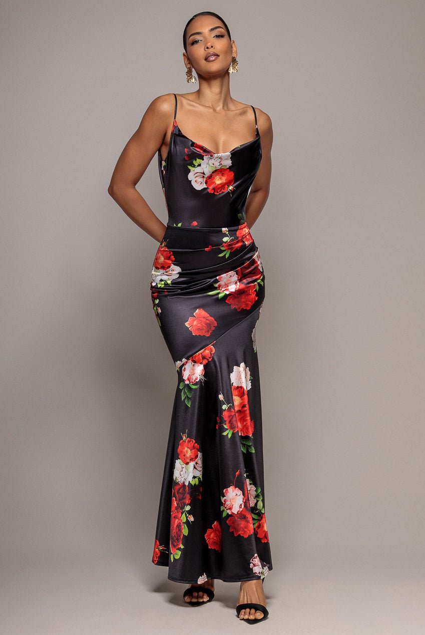 Goddiva Floral Print Satin Cowl Neck Maxi Dress – Black