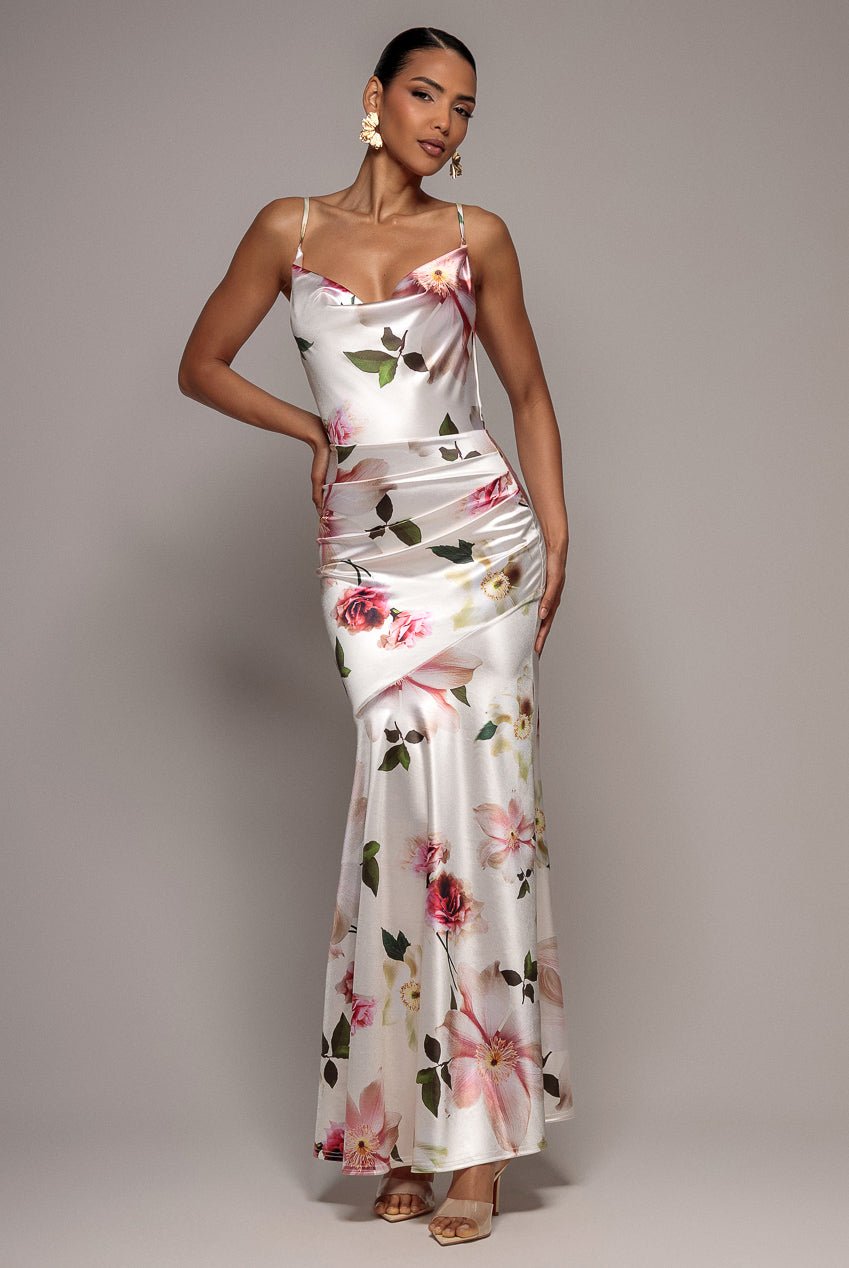 Goddiva Floral Print Satin Cowl Neck Maxi Dress – Cream