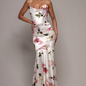 Goddiva Floral Print Satin Cowl Neck Maxi Dress - Cream