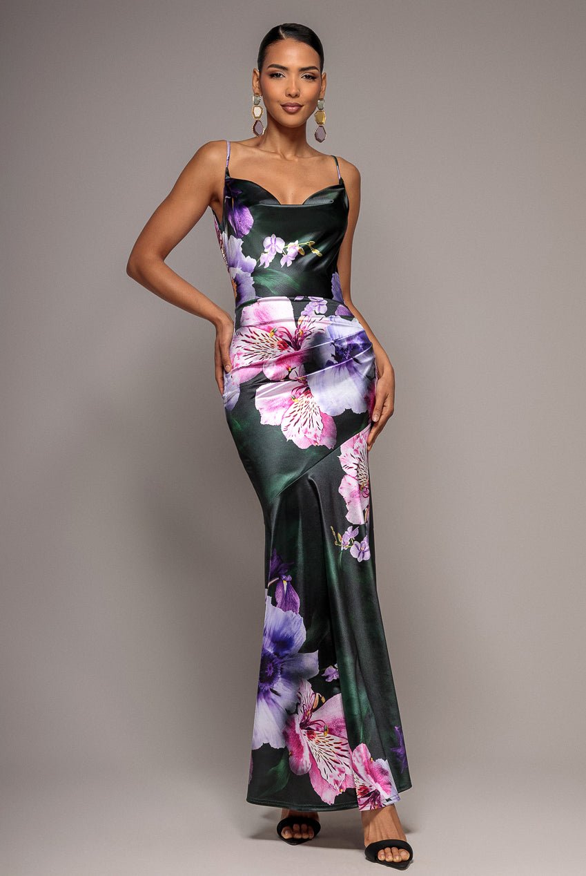 Goddiva Floral Print Satin Cowl Neck Maxi Dress – Emerald Green