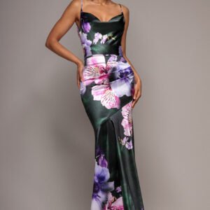 Goddiva Floral Print Satin Cowl Neck Maxi Dress - Emerald Green