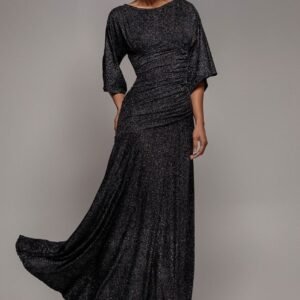 Goddiva Lurex Kimono Sleeve Gathered Waist Maxi Dress - Black