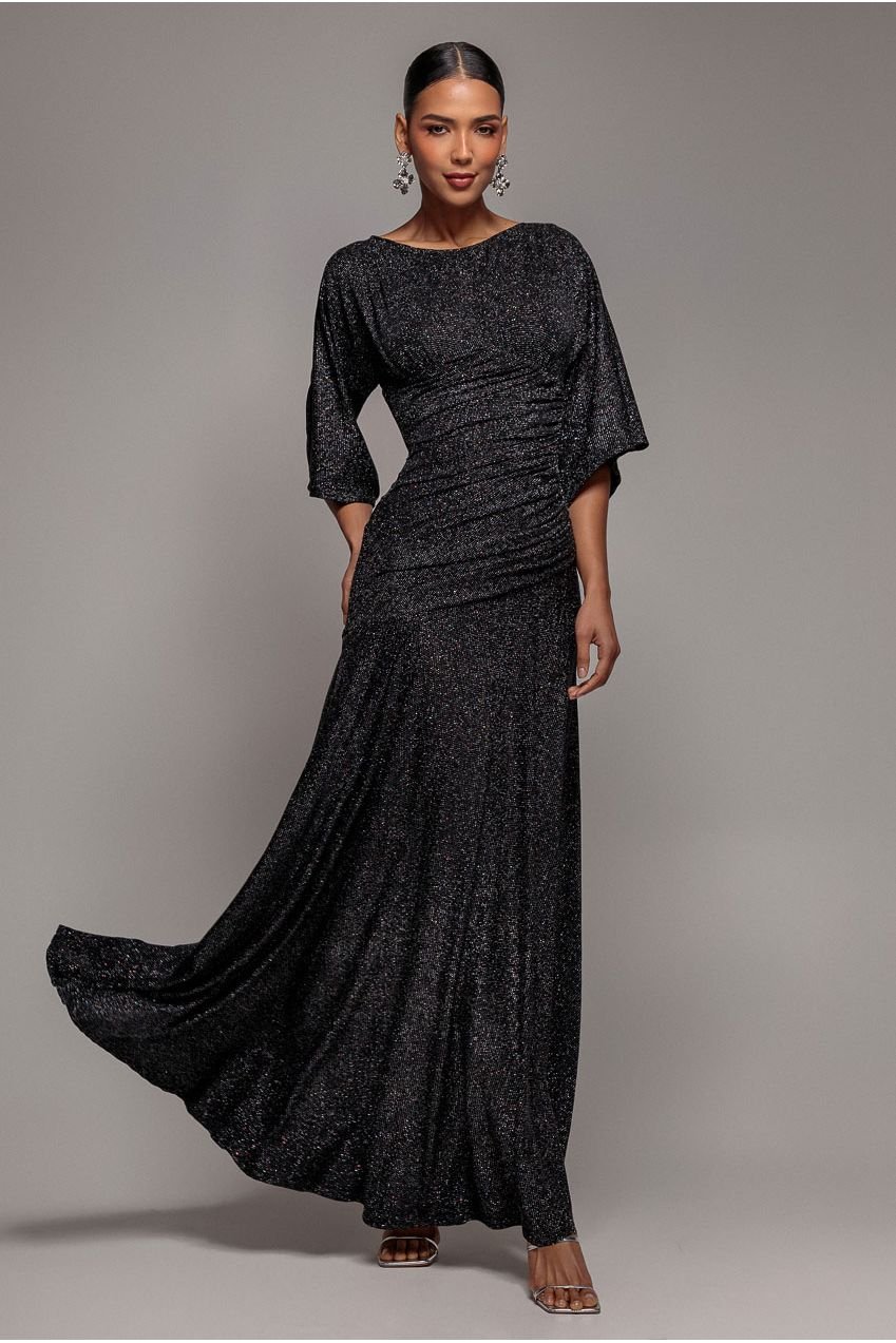 Goddiva Lurex Kimono Sleeve Gathered Waist Maxi Dress – Black
