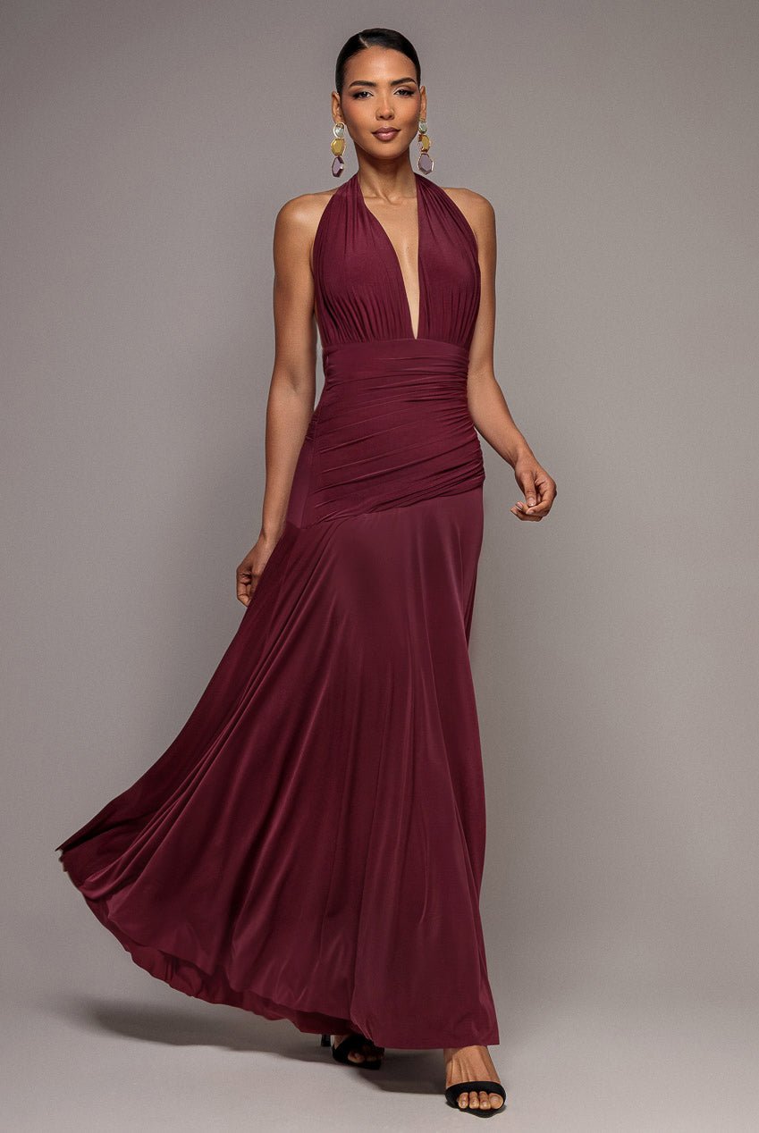 Goddiva Halter Neck Empire Waist Gathered Maxi Dress – Burgundy