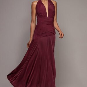 Goddiva Halter Neck Empire Waist Gathered Maxi Dress - Burgundy