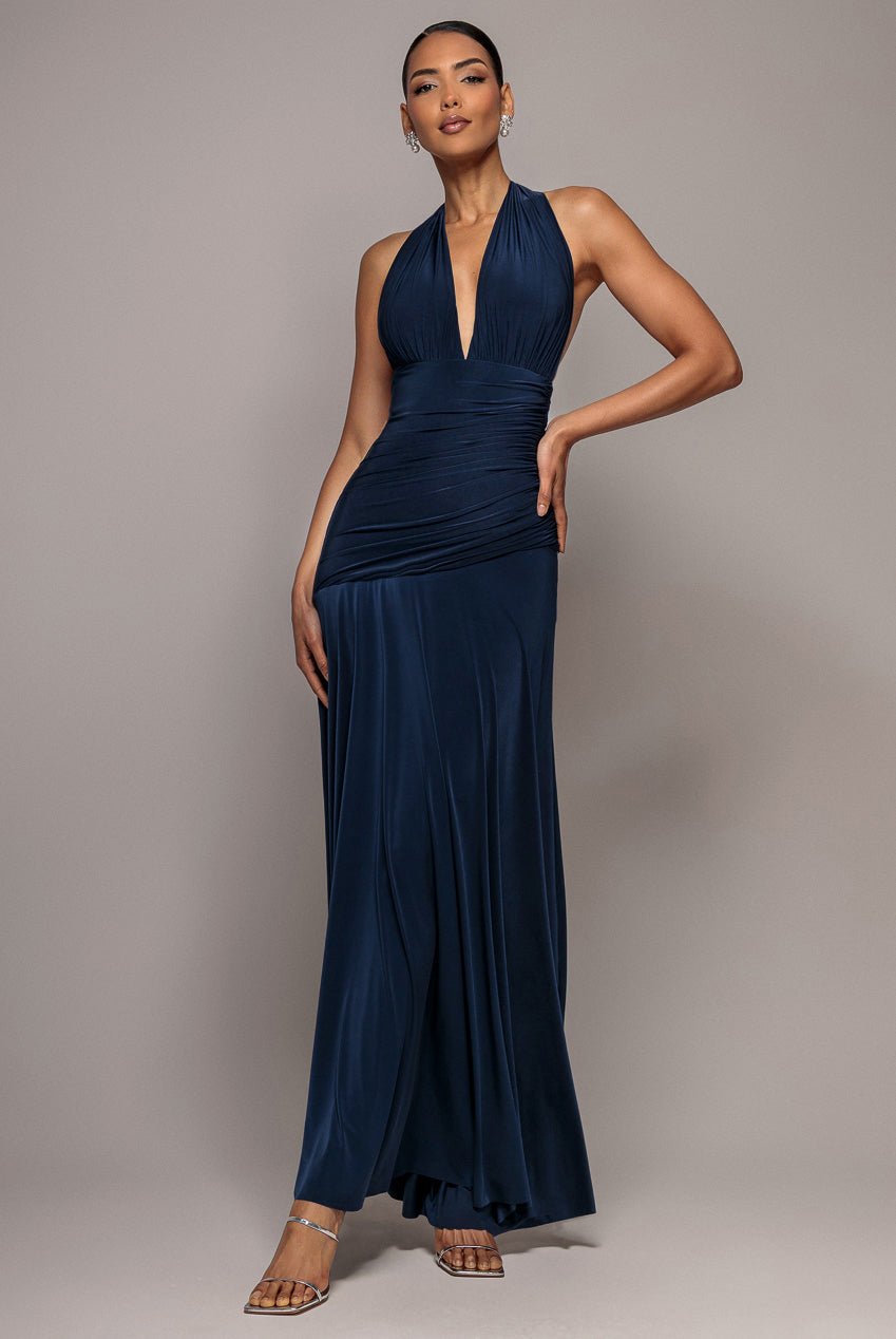 Goddiva Halter Neck Empire Waist Gathered Maxi Dress – Navy Blue