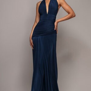 Goddiva Halter Neck Empire Waist Gathered Maxi Dress - Navy Blue