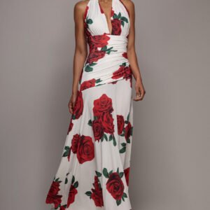 Goddiva Floral Halter Neck Empire Waist Gathered Maxi Dress - Rose Print
