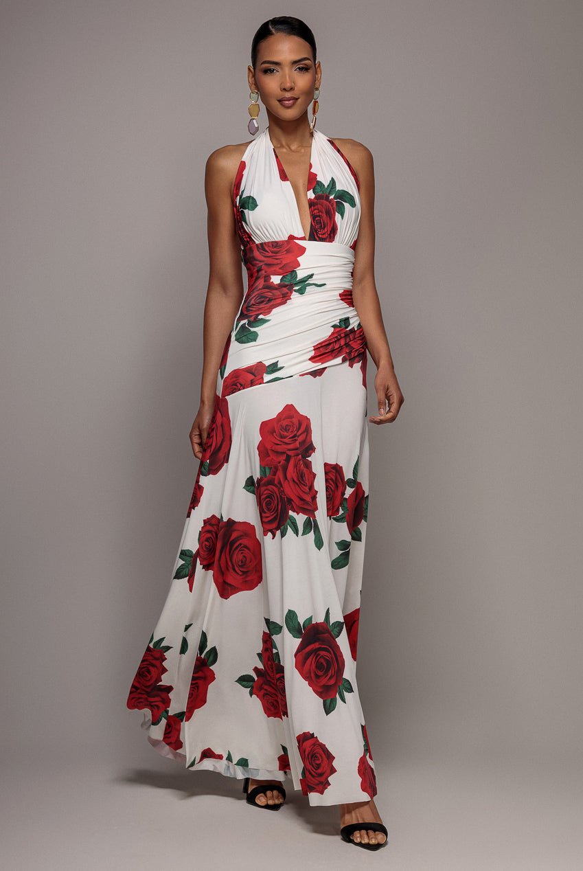 Goddiva Floral Halter Neck Empire Waist Gathered Maxi Dress – Rose Print