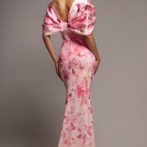 Goddiva Printed Off Shoulder Satin Bow Back Maxi Dress - Blush Pink