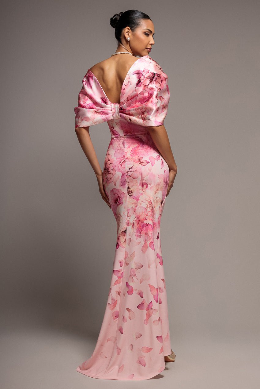 Goddiva Printed Off Shoulder Satin Bow Back Maxi Dress – Blush Pink