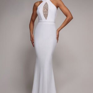 Goddiva Embellished High Neck Back Cut Out Maxi Dress - White