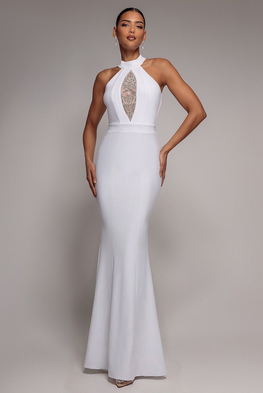 Goddiva Embellished High Neck Back Cut Out Maxi Dress – White