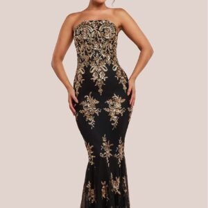 Goddiva Scallop Bandeau Sequin Mesh Maxi Dress - Black Gold