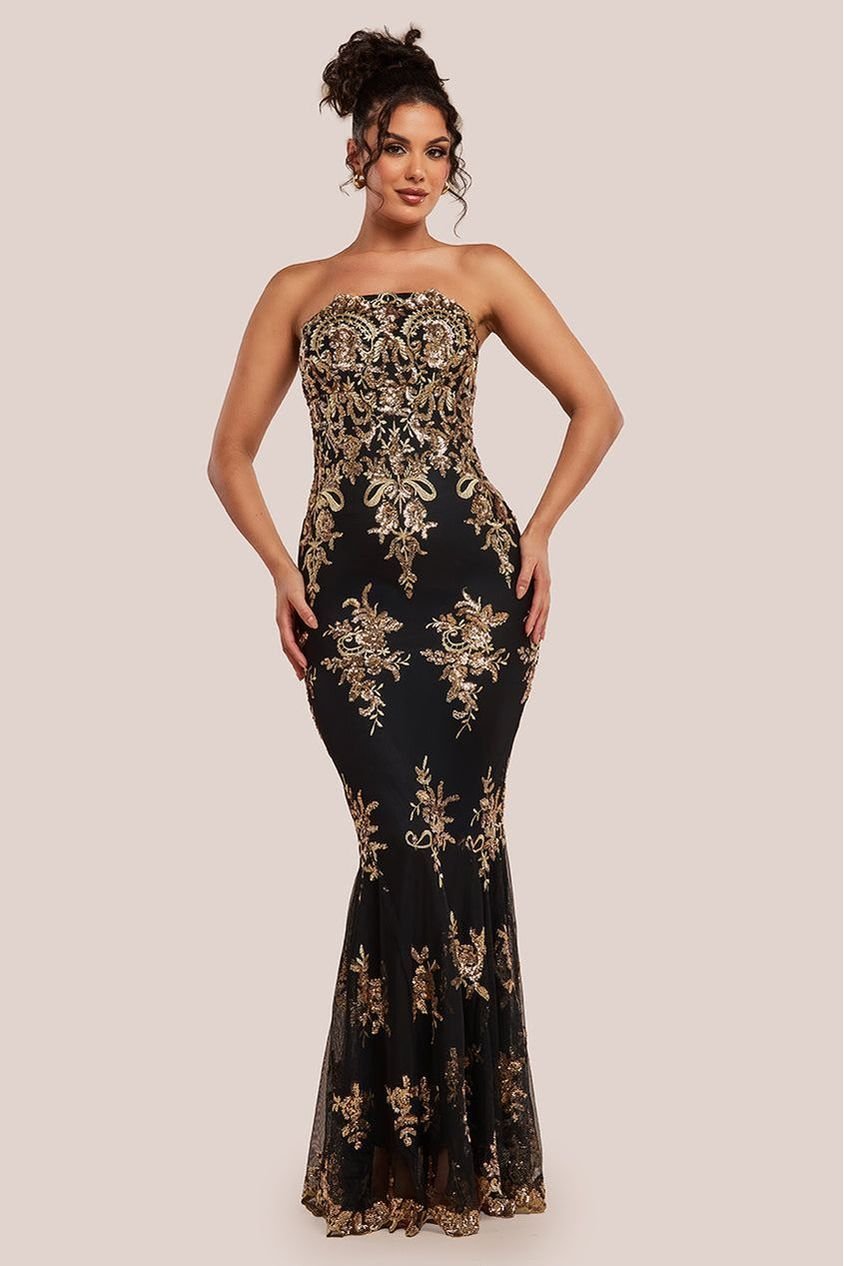Goddiva Scallop Bandeau Sequin Mesh Maxi Dress – Black Gold