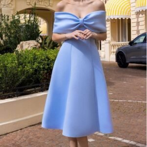 Goddiva Bow Off The Shoulder A Line Midi Dress - Baby Blue