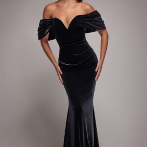 Goddiva Off The Shoulder Deep Plunge Velvet Maxi Dress - Black