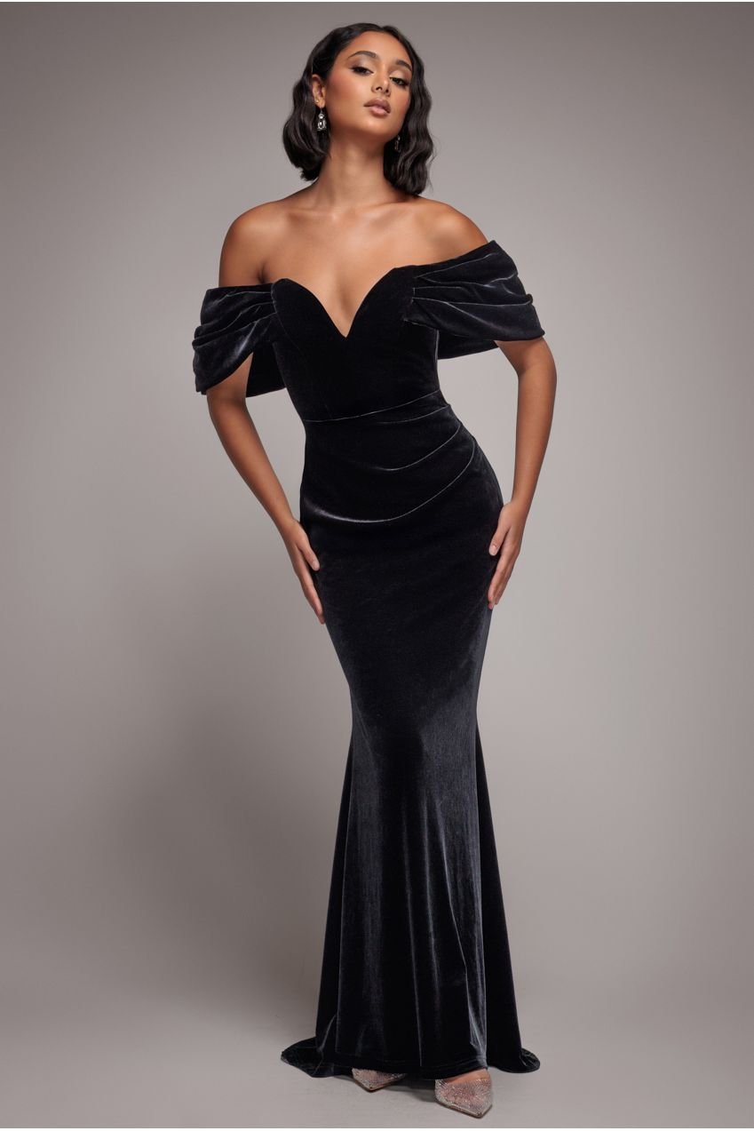 Goddiva Off The Shoulder Deep Plunge Velvet Maxi Dress – Black