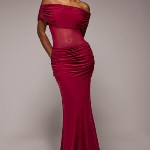 Goddiva Gathered Off The Shoulder Mesh Waist Panel Maxi Dress - Wine