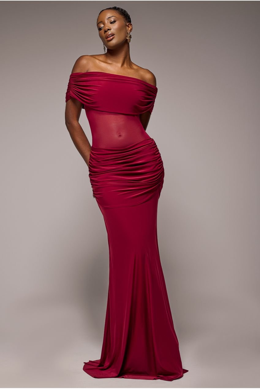 Goddiva Gathered Off The Shoulder Mesh Waist Panel Maxi Dress – Wine