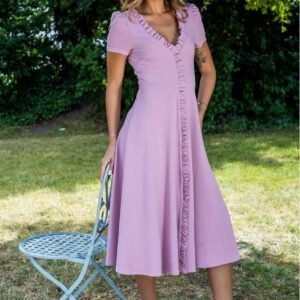 Goddiva Front Frill Flared Scuba Midi Dress - Rose Pink